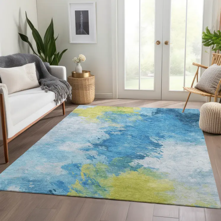 5' X 8' Blue Yellow And Ivory Abstract Washable Indoor Outdoor Area Rug