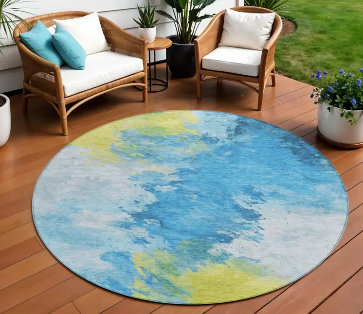 8' Blue Yellow And Ivory Round Abstract Washable Indoor Outdoor Area Rug