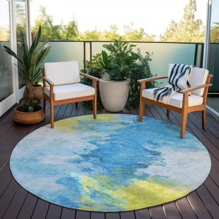 8' Blue Yellow And Ivory Round Abstract Washable Indoor Outdoor Area Rug