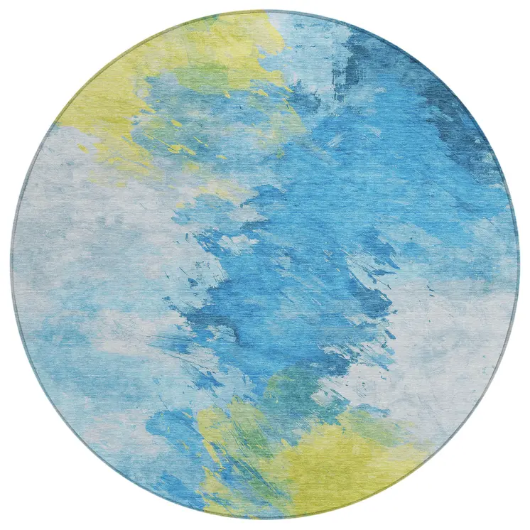 8' Blue Yellow And Ivory Round Abstract Washable Indoor Outdoor Area Rug