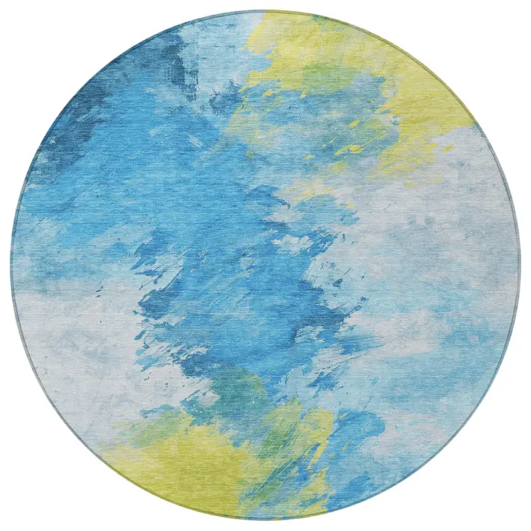 8' Blue Yellow And Ivory Round Abstract Washable Indoor Outdoor Area Rug
