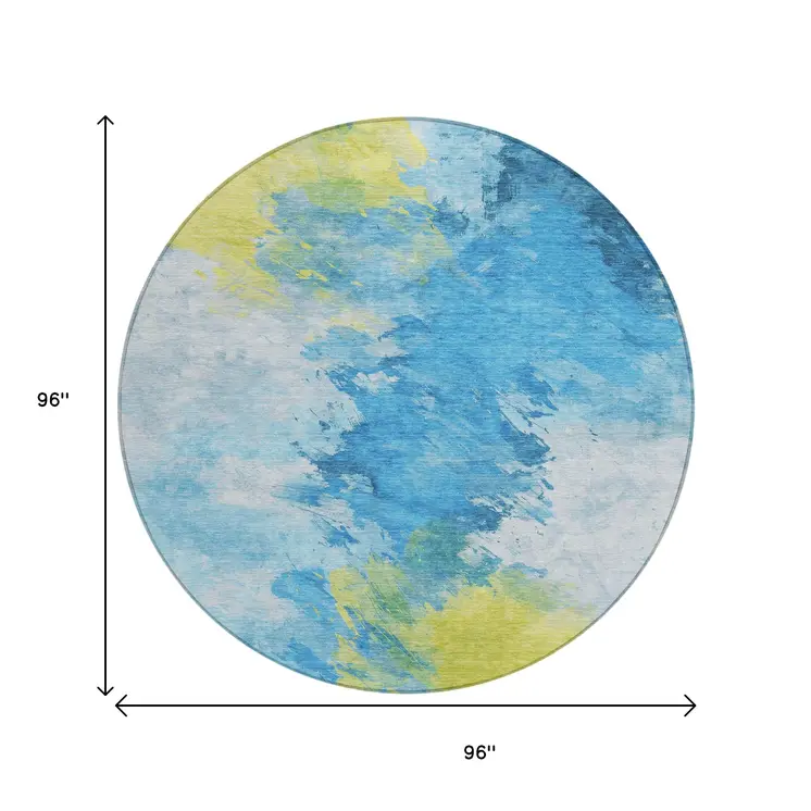 8' Blue Yellow And Ivory Round Abstract Washable Indoor Outdoor Area Rug