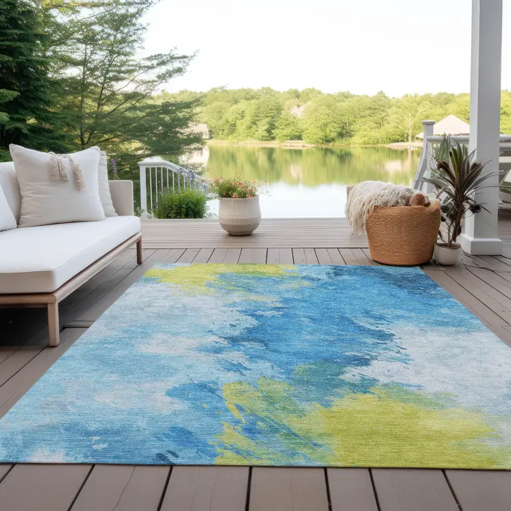 8' X 10' Blue Yellow And Ivory Abstract Washable Indoor Outdoor Area Rug