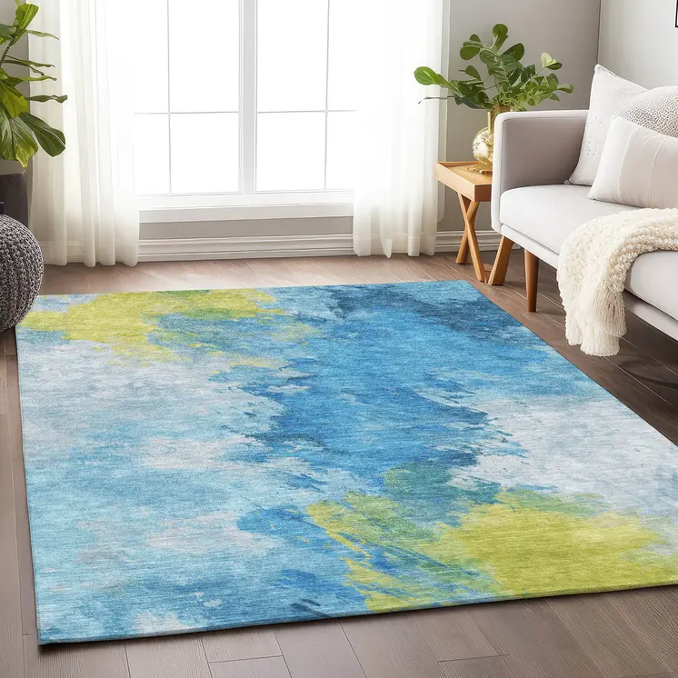 8' X 10' Blue Yellow And Ivory Abstract Washable Indoor Outdoor Area Rug