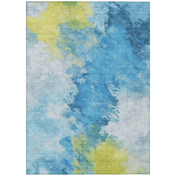 9' X 12' Blue Yellow And Ivory Abstract Washable Indoor Outdoor Area Rug