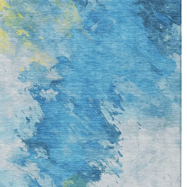 9' X 12' Blue Yellow And Ivory Abstract Washable Indoor Outdoor Area Rug