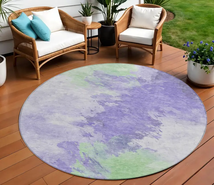 8' Lavender Mint Green And Ivory Round Abstract Washable Indoor Outdoor Area Rug