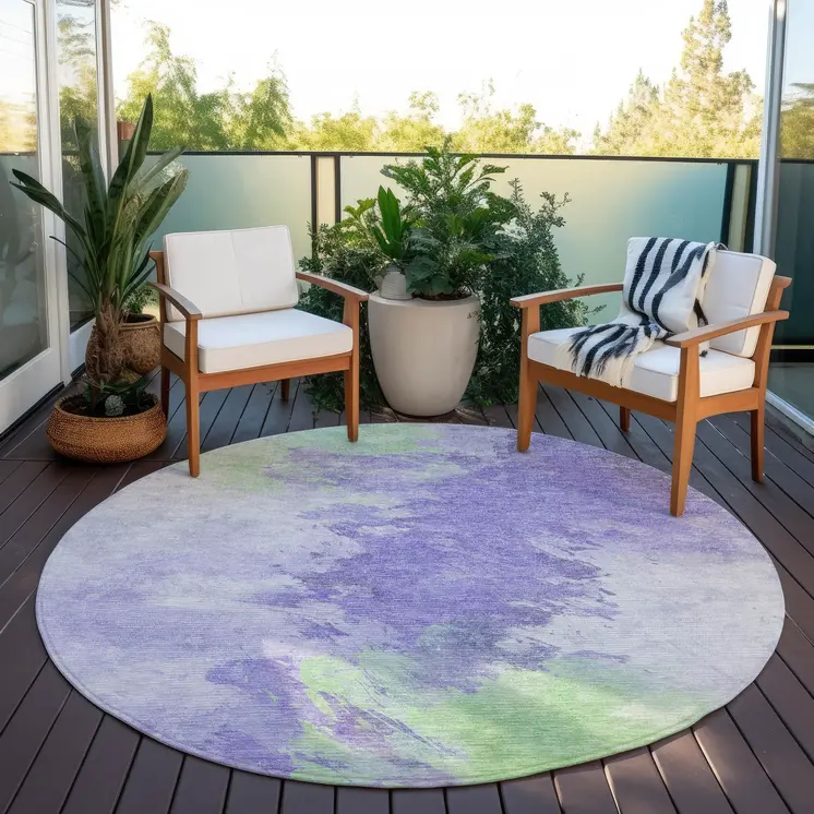 8' Lavender Mint Green And Ivory Round Abstract Washable Indoor Outdoor Area Rug