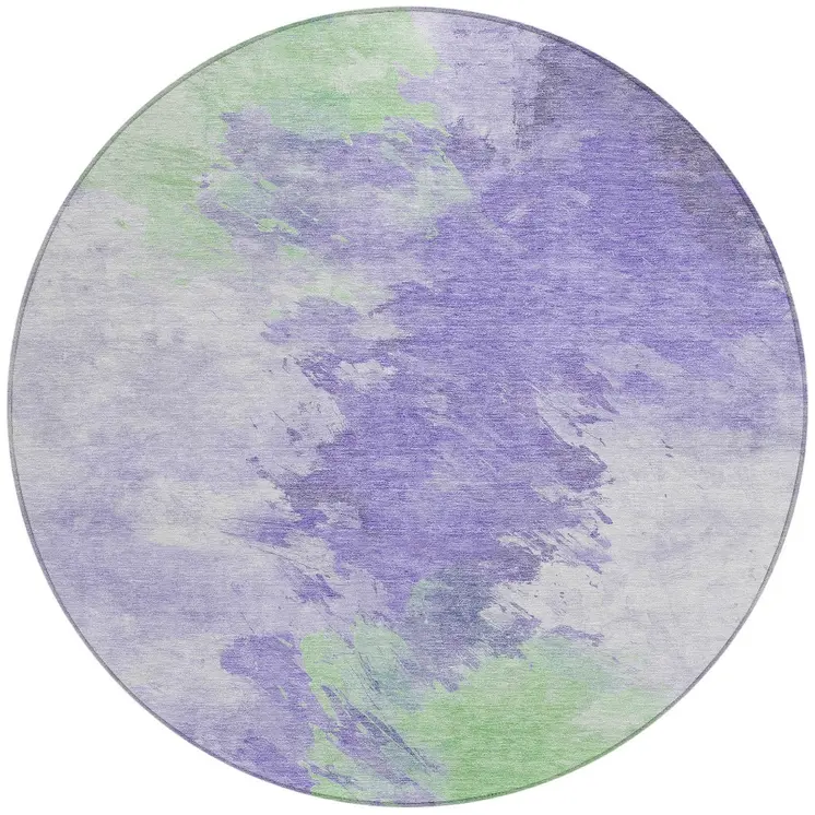 8' Lavender Mint Green And Ivory Round Abstract Washable Indoor Outdoor Area Rug