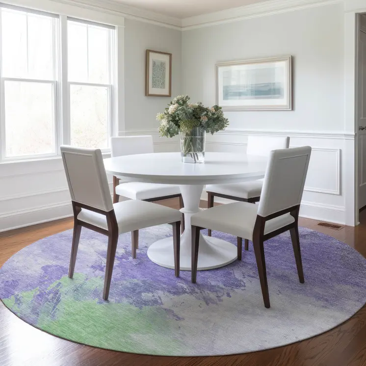 8' Lavender Mint Green And Ivory Round Abstract Washable Indoor Outdoor Area Rug