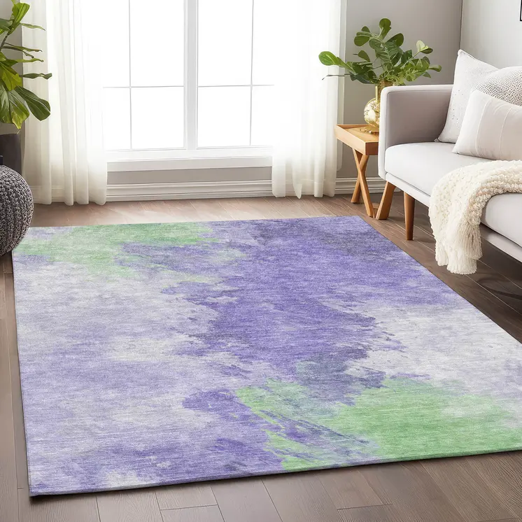 9' X 12' Lavender Mint Green And Ivory Abstract Washable Indoor Outdoor Area Rug