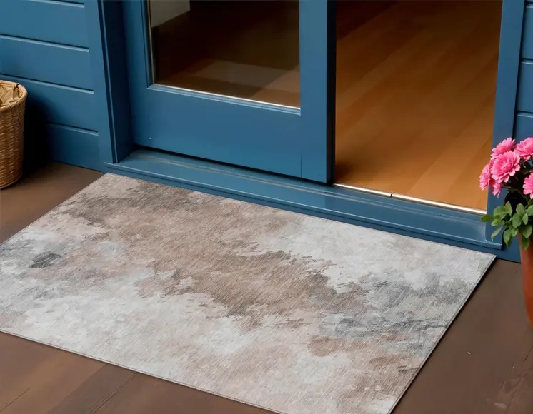 3' X 5' Brown Ivory And Gray Abstract Washable Indoor Outdoor Area Rug