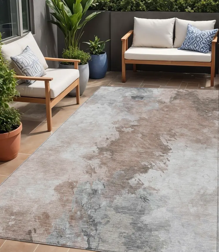 5' X 8' Brown Ivory And Gray Abstract Washable Indoor Outdoor Area Rug