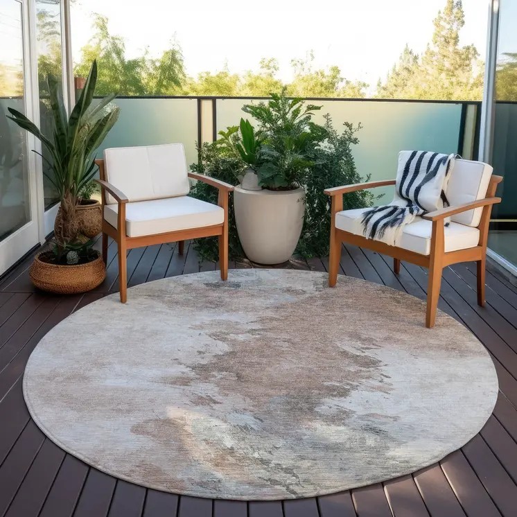 8' Brown Ivory And Gray Round Abstract Washable Indoor Outdoor Area Rug
