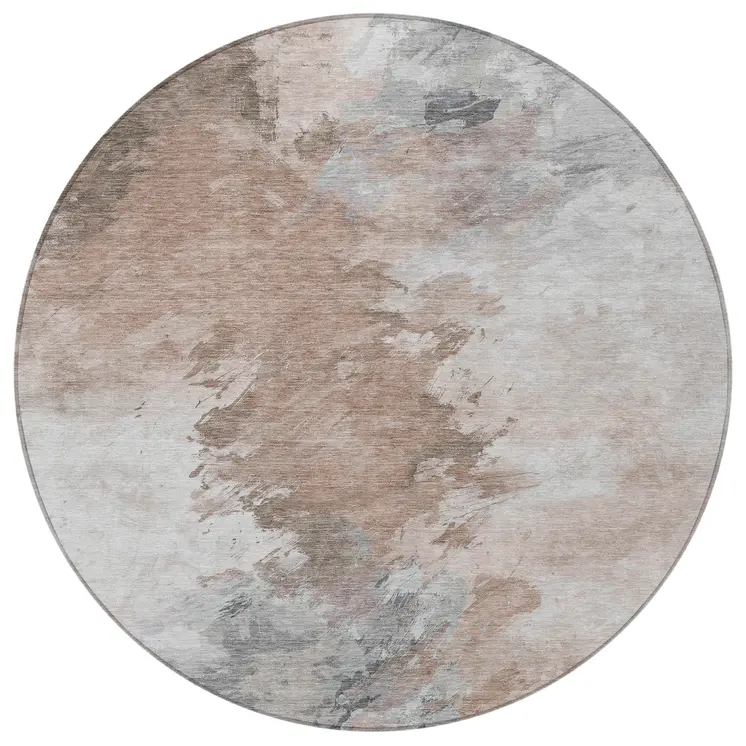 8' Brown Ivory And Gray Round Abstract Washable Indoor Outdoor Area Rug