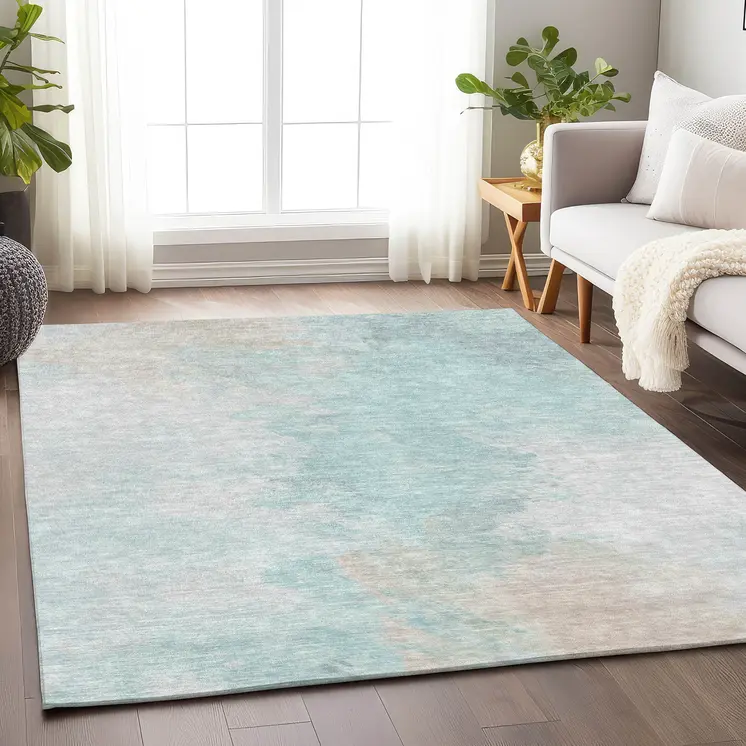 3' X 5' Pale Aqua Beige And Ivory Abstract Washable Indoor Outdoor Area Rug