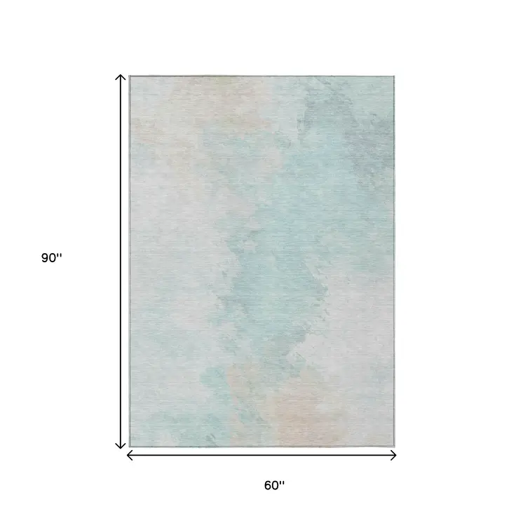 5' X 8' Pale Aqua Beige And Ivory Abstract Washable Indoor Outdoor Area Rug