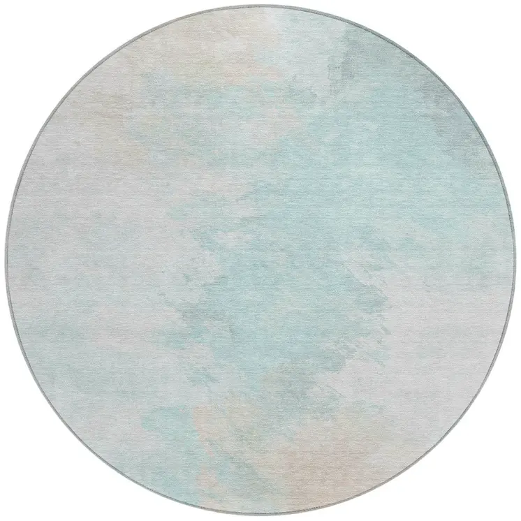 8' Pale Aqua Beige And Ivory Round Abstract Washable Indoor Outdoor Area Rug