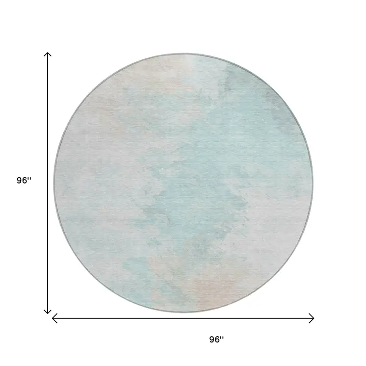8' Pale Aqua Beige And Ivory Round Abstract Washable Indoor Outdoor Area Rug