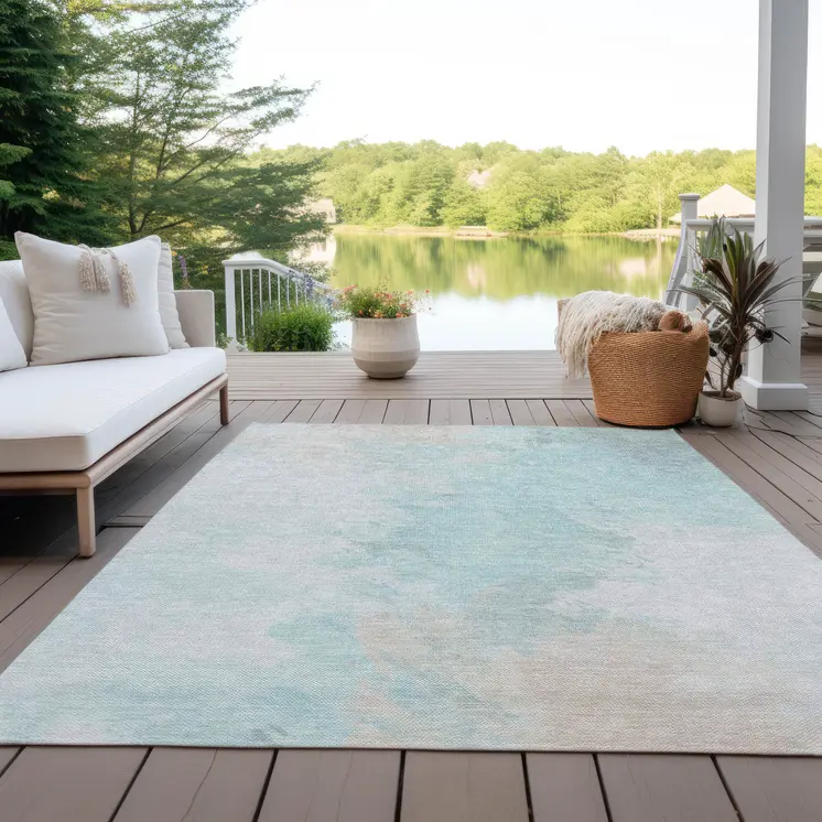10' X 14' Pale Aqua Beige And Ivory Abstract Washable Indoor Outdoor Area Rug