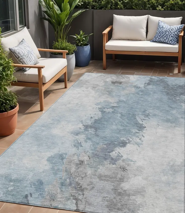 5' X 8' Sky Blue Gray And Ivory Abstract Washable Indoor Outdoor Area Rug