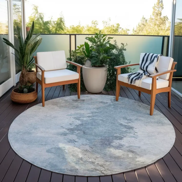 8' Sky Blue Gray And Ivory Round Abstract Washable Indoor Outdoor Area Rug
