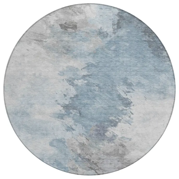 8' Sky Blue Gray And Ivory Round Abstract Washable Indoor Outdoor Area Rug