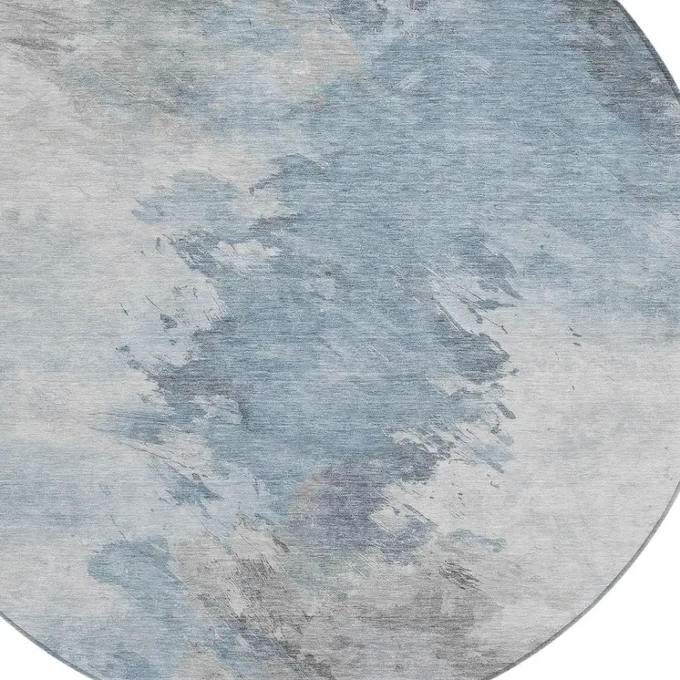 8' Sky Blue Gray And Ivory Round Abstract Washable Indoor Outdoor Area Rug