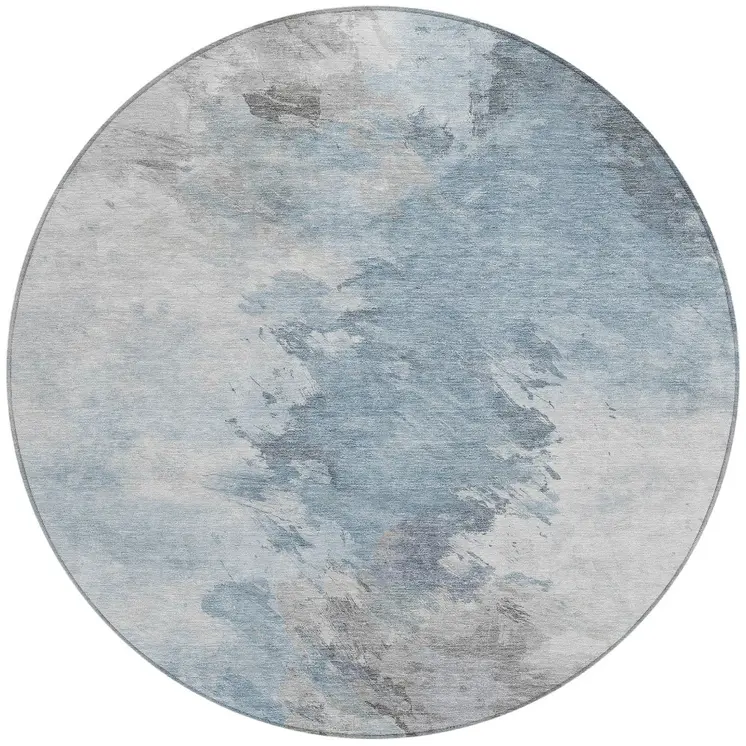 8' Sky Blue Gray And Ivory Round Abstract Washable Indoor Outdoor Area Rug