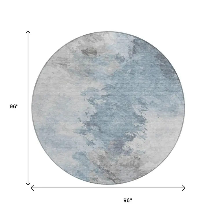 8' Sky Blue Gray And Ivory Round Abstract Washable Indoor Outdoor Area Rug