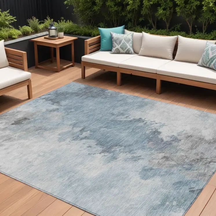 9' X 12' Sky Blue Gray And Ivory Abstract Washable Indoor Outdoor Area Rug