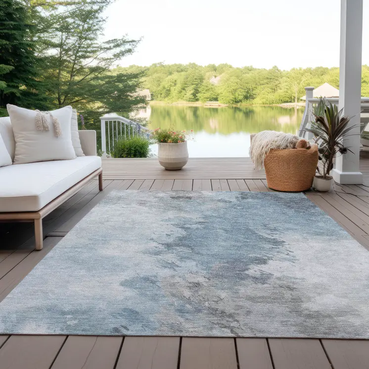 10' X 14' Sky Blue Gray And Ivory Abstract Washable Indoor Outdoor Area Rug