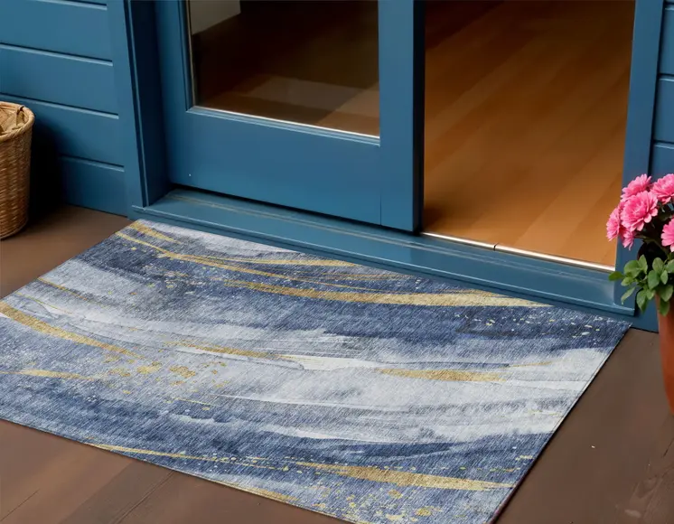 3' X 5' Blue Gold And Ivory Abstract Washable Indoor Outdoor Area Rug