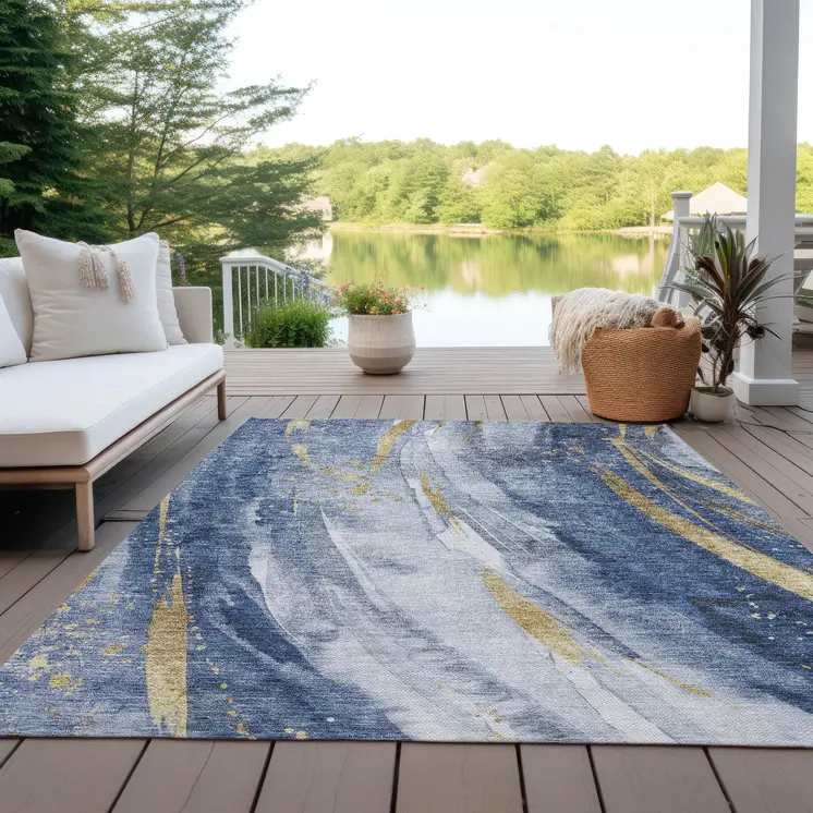 3' X 5' Blue Gold And Ivory Abstract Washable Indoor Outdoor Area Rug
