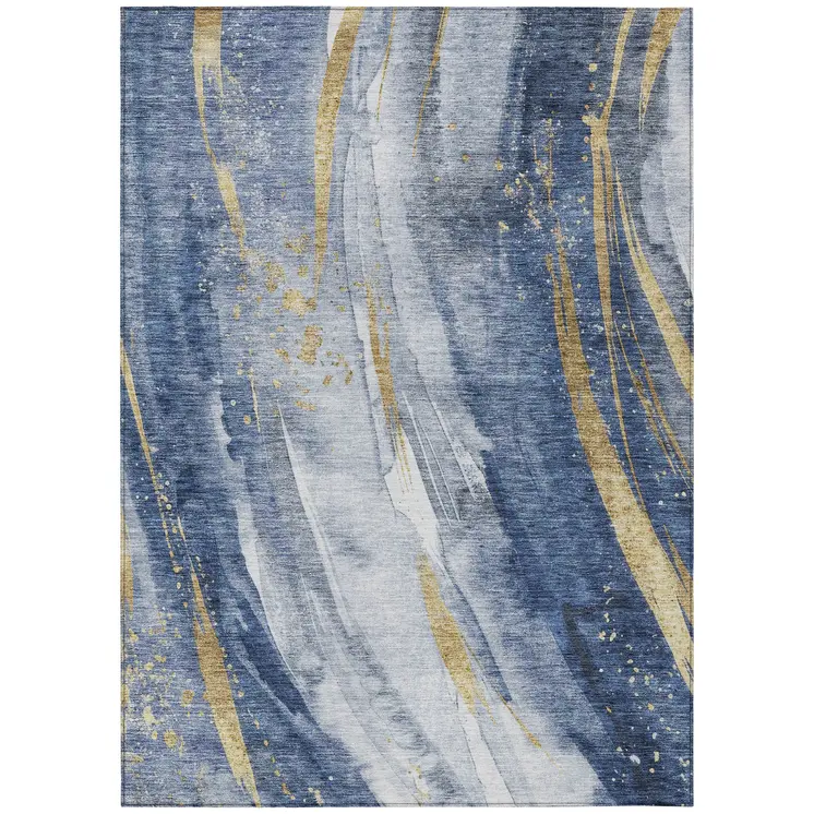 3' X 5' Blue Gold And Ivory Abstract Washable Indoor Outdoor Area Rug