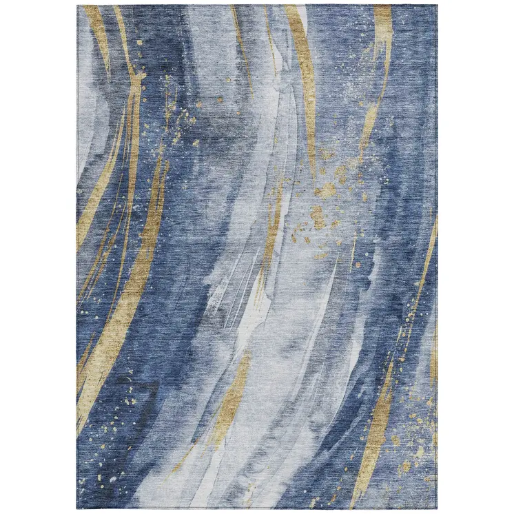 3' X 5' Blue Gold And Ivory Abstract Washable Indoor Outdoor Area Rug