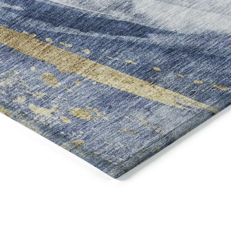 5' X 8' Blue Gold And Ivory Abstract Washable Indoor Outdoor Area Rug
