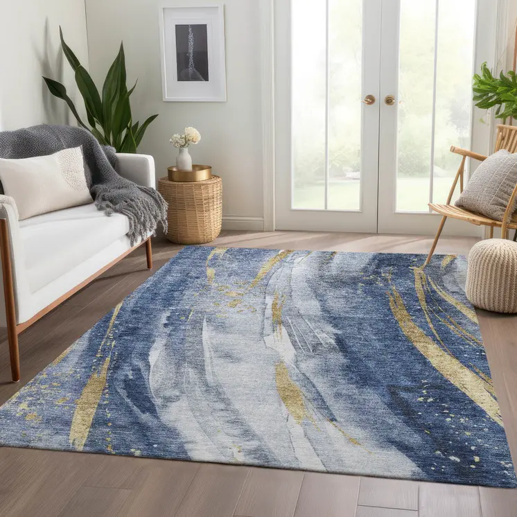 5' X 8' Blue Gold And Ivory Abstract Washable Indoor Outdoor Area Rug