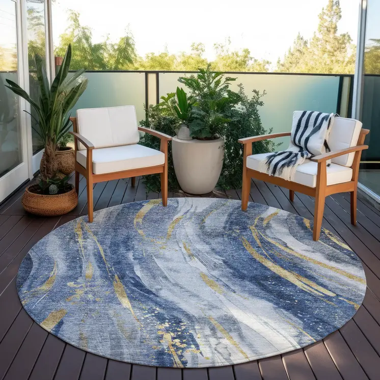 8' Blue Gold And Ivory Round Abstract Washable Indoor Outdoor Area Rug