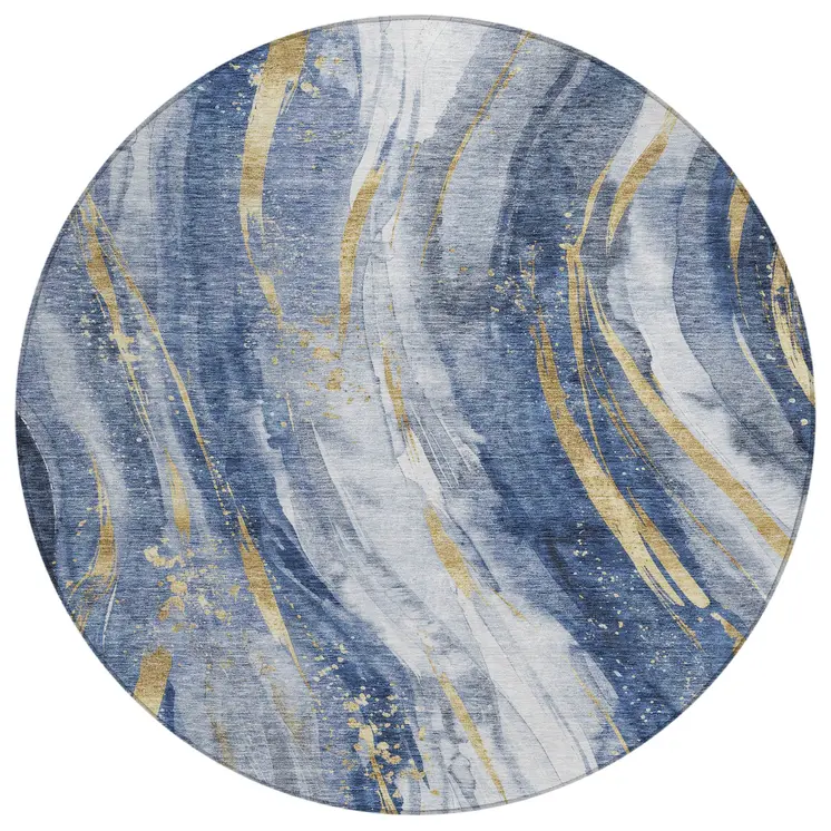 8' Blue Gold And Ivory Round Abstract Washable Indoor Outdoor Area Rug