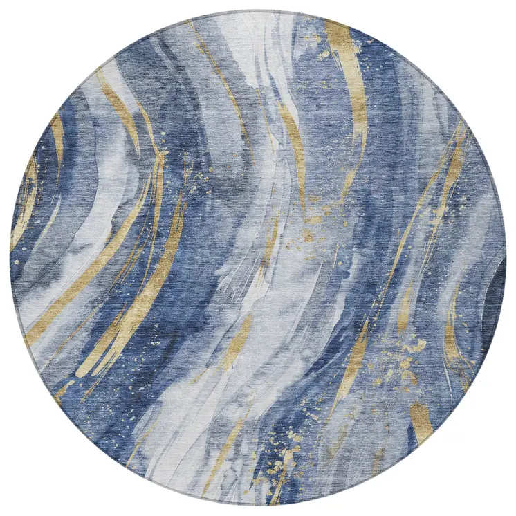 8' Blue Gold And Ivory Round Abstract Washable Indoor Outdoor Area Rug