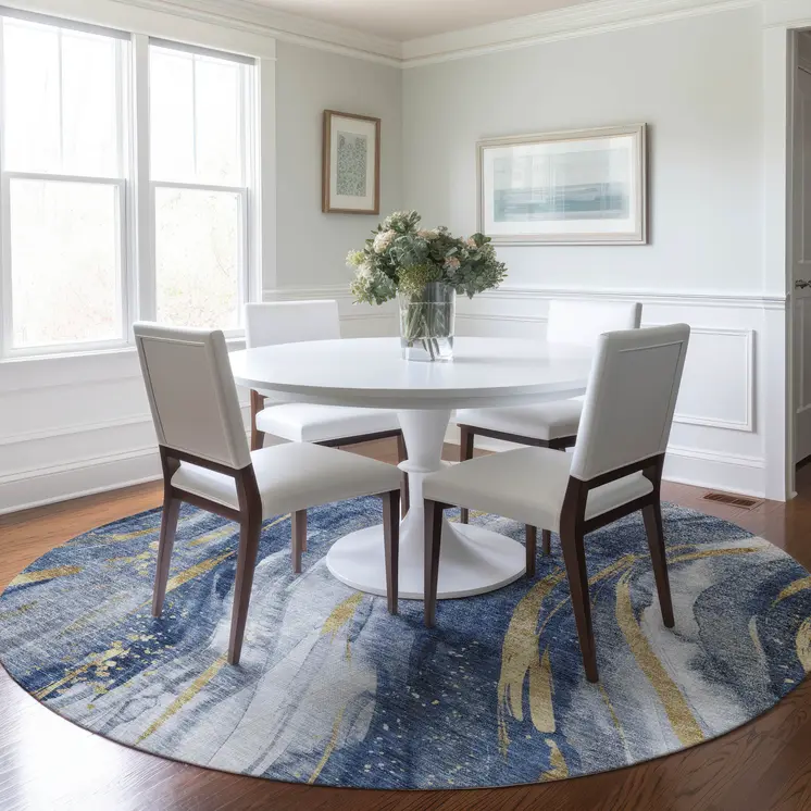8' Blue Gold And Ivory Round Abstract Washable Indoor Outdoor Area Rug