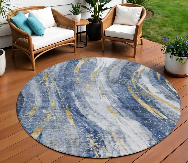 8' Blue Gold And Ivory Round Abstract Washable Indoor Outdoor Area Rug