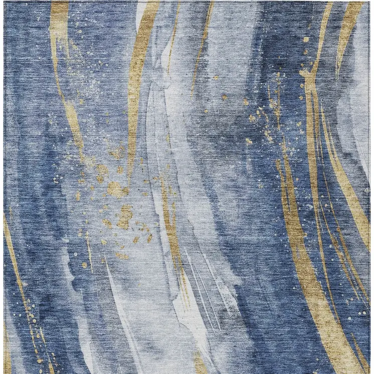 10' X 14' Blue Gold And Ivory Abstract Washable Indoor Outdoor Area Rug
