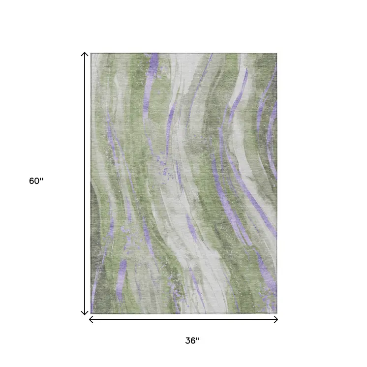 3' X 5' Olive Green Lavender And Ivory Abstract Washable Indoor Outdoor Area Rug