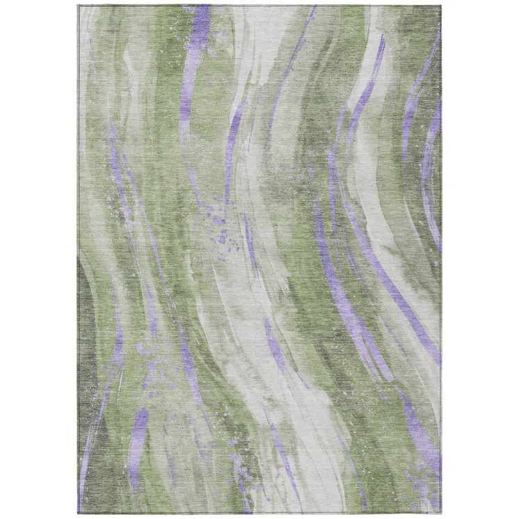 3' X 5' Olive Green Lavender And Ivory Abstract Washable Indoor Outdoor Area Rug