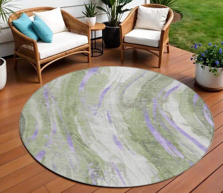 8' Olive Green Lavender And Ivory Round Abstract Washable Indoor Outdoor Area Rug