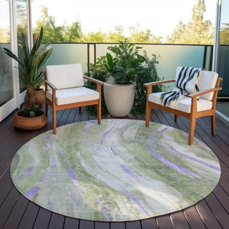 8' Olive Green Lavender And Ivory Round Abstract Washable Indoor Outdoor Area Rug