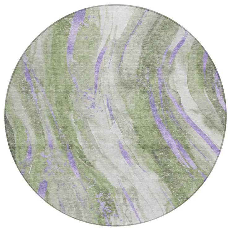 8' Olive Green Lavender And Ivory Round Abstract Washable Indoor Outdoor Area Rug