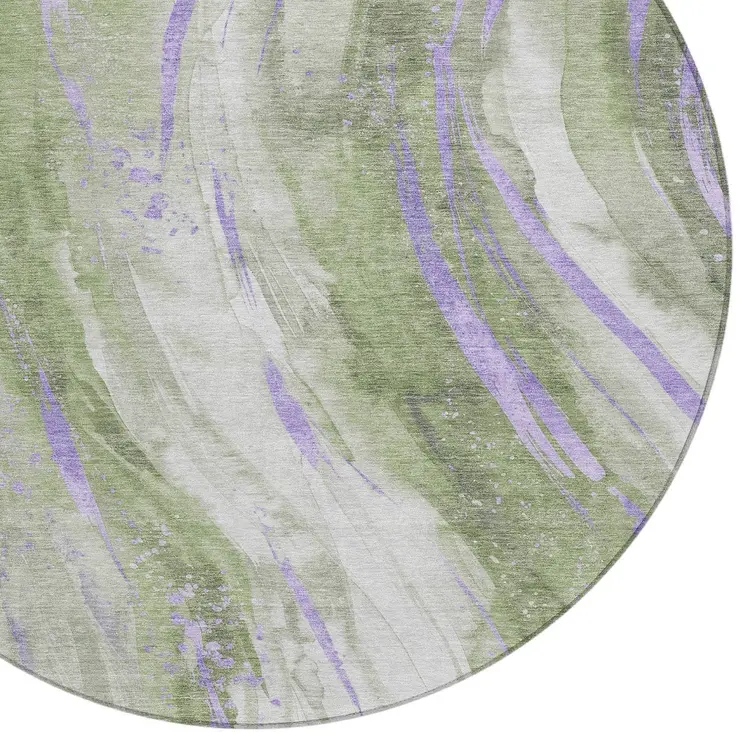 8' Olive Green Lavender And Ivory Round Abstract Washable Indoor Outdoor Area Rug
